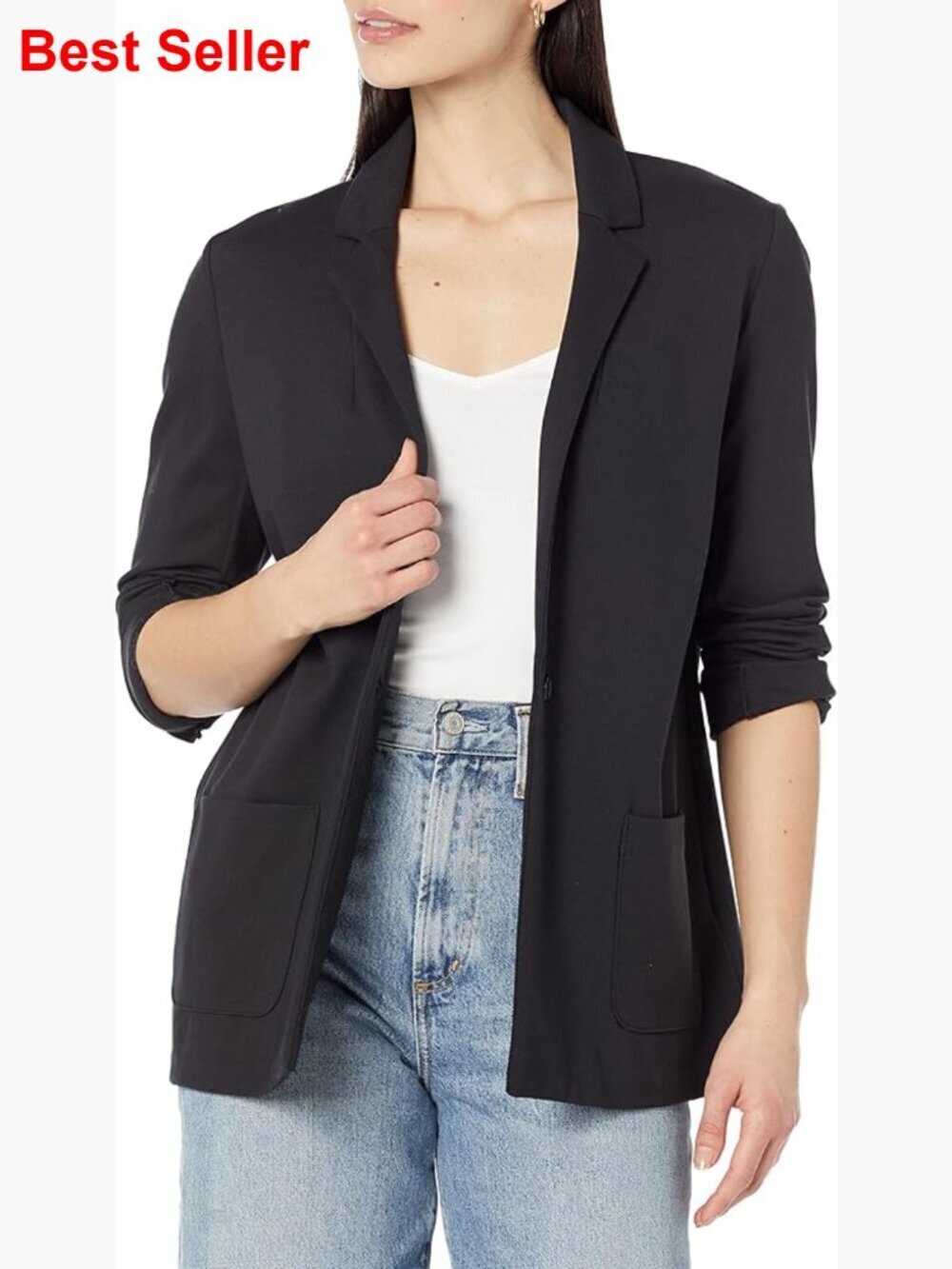 Relaxed-Fit Soft Ponte Blazer, Long Sleeve, Button Closure